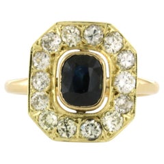 Ring with sapphire and old European cut diamonds up to 1.00ct 14k gold 3.7 grams