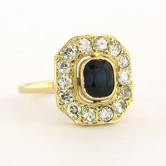 Ring with sapphire and old European cut diamonds up to 1.00ct 14k gold 3.7 grams