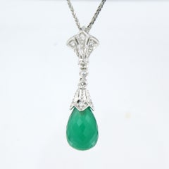 Necklace and pendant with green chalcedony and single cut diamonds 14k gold