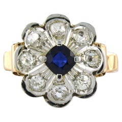 RIng with sapphire and old mine cut diamonds up to 1.45ct 18k gold