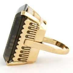 Retro 14k Rose Gold Cocktail Ring with 56ct Emerald-Cut Garnet, 1950