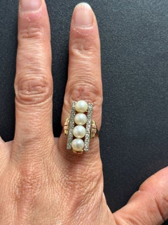 Retro-Ring mit Perle und Diamanten im Old-Mine-Schliff bis zu 0,80 Karat, 14-karätiges Gold, 6,2 Gramm
