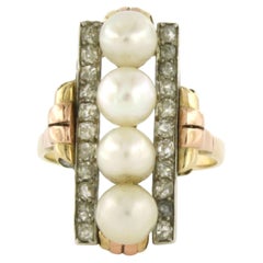 Retro-Ring mit Perle und Diamanten im Old-Mine-Schliff bis zu 0,80 Karat, 14-karätiges Gold, 6,2 Gramm