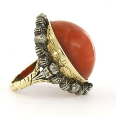 OLD DUTCH ring with coral and rose cut diamonds up to 0.10ct 14k gold, silver