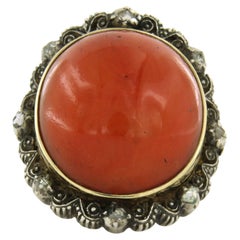 Ring im alten holländischen Stil mit Koralle und Diamanten im Rosenschliff bis zu 0,10 Karat, 14-karätiges Gold, Silber
