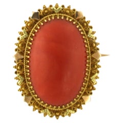 High Victorian 14k Yellow Gold Coral Brooch 7.6 grams