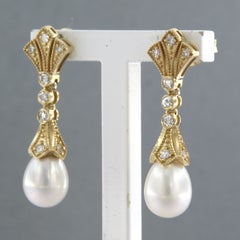 Earrings with pearl and single cut diamonds up to 0.32ct 14k gold 4.1 grams