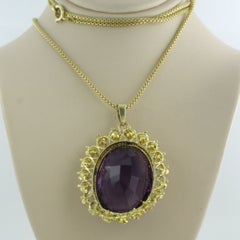 14k Yellow Gold Amethyst Pendant Necklace, Circa 1980, 30 Carats