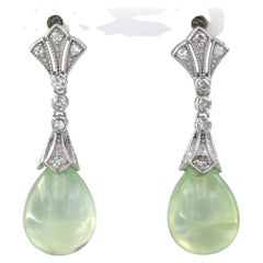 Earrings with prehnite and single cut diamonds up to 0.36ct 14k gold 6.8 grams