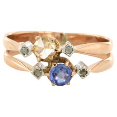 Vintage ring with sapphire and rose cut diamonds up to 0.10ct 18k gold