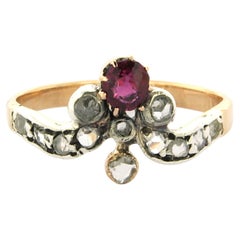 ART DECO Ring with ruby and rose cut diamonds up to 0.10ct 18k gold