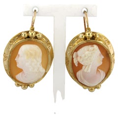 Victorian 18k yellow gold drop earrings set with cameos – 7.4 grams