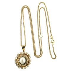 Necklace and pendant with pearl, old mine and rose cut diamonds 14k gold