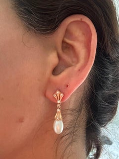 Earrings with pearl and single cut diamonds up to 0.34ct 14k gold 4.5 grams