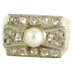 Ring with pearl and rose cut diamond 0.20 ct, 18k bicolour gold 8.4 grams