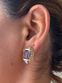 Earrings with amethyst, baguette and brilliant cut diamond up to 4.00ct 18k gold