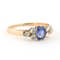 Anillo con zafiro y diamantes de talla rosa de hasta 0,10 ct, de oro de 18 quilates, 2,2 gramos