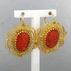 VICTORIAN 14k gold earrings set with oval-cut coral cameos – 5.5 grams