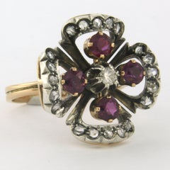 Early Victorian 18k Gold Silver Ruby Diamond Cocktail Ring, Circa 1880
