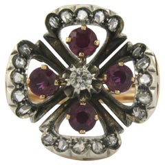 Early Victorian 18k Gold Silver Ruby Diamond Cocktail Ring, Circa 1880