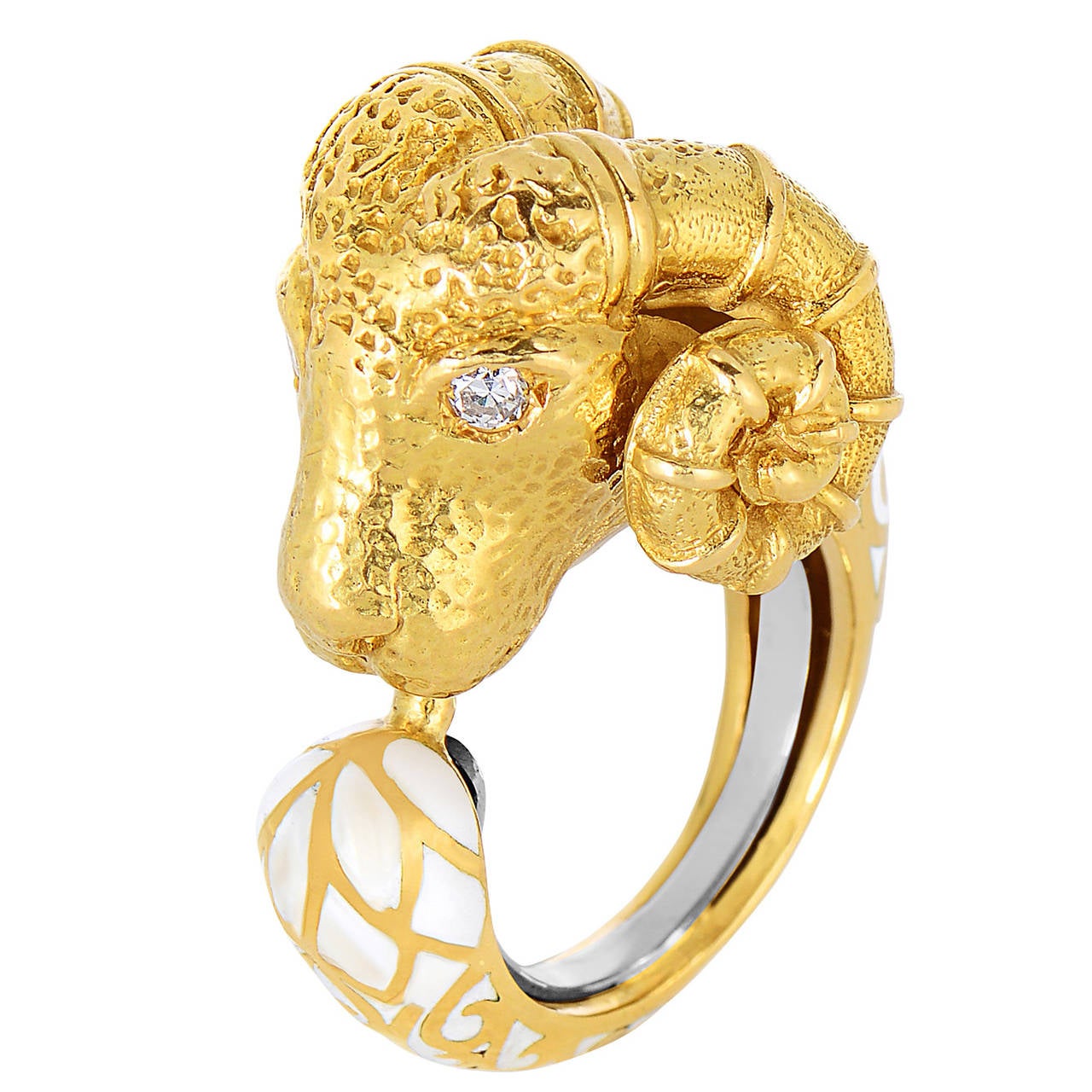 David Webb Enamel Diamond Gold Ram
s Head Ring For Sale