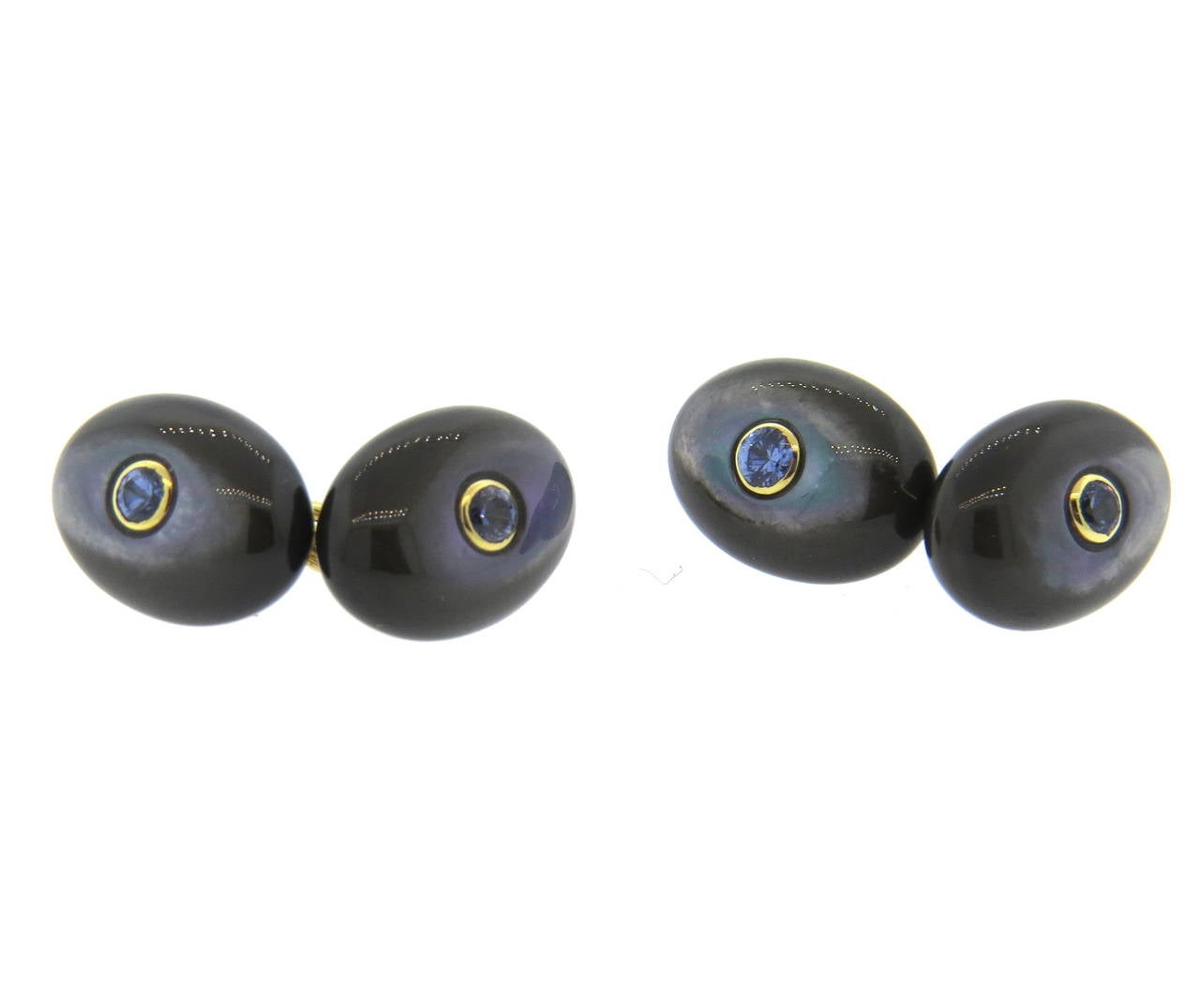 Trianon Black Mother Of Pearl Iolite Gold Cufflinks In Excellent Condition For Sale In Lambertville, NJ