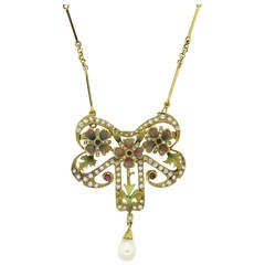 Plique A Jour Enamel Diamond Pearl Drop Pendant Brooch Necklace