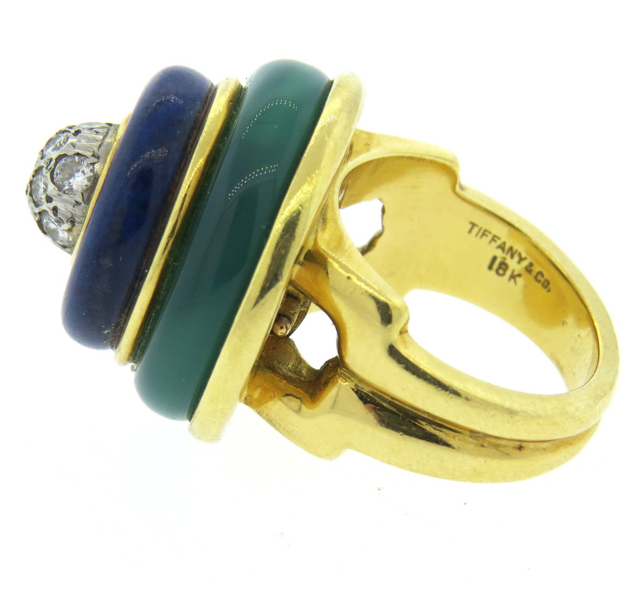 1970s Tiffany & Co. Lapis Chrysoprase Diamond Gold Cocktail Ring In Excellent Condition In Lambertville, NJ