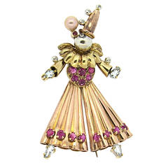 Vintage 1940s Pearl Aquamarine Ruby Diamond Gold Harlequin Clown Brooch Pin