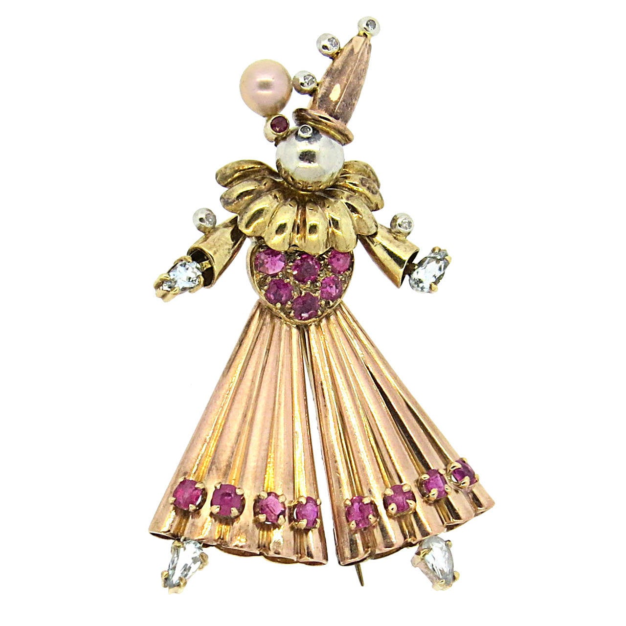 1940s Pearl Aquamarine Ruby Diamond Gold Harlequin Clown Brooch Pin