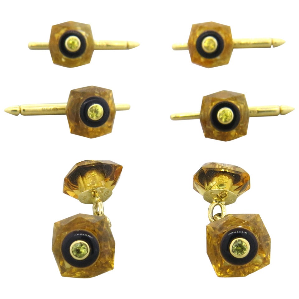 Trianon Amber Citrine Onyx Gold Cufflinks Studs Set