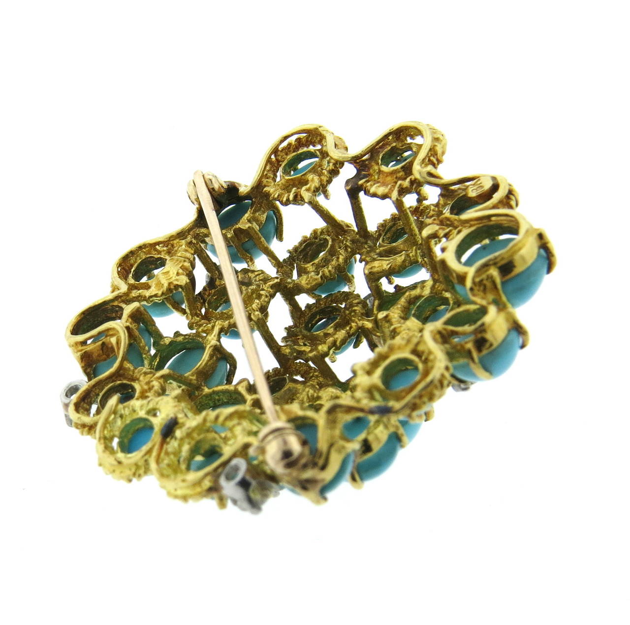 1970s Turquoise Diamond Gold Brooch In Excellent Condition In Lambertville, NJ