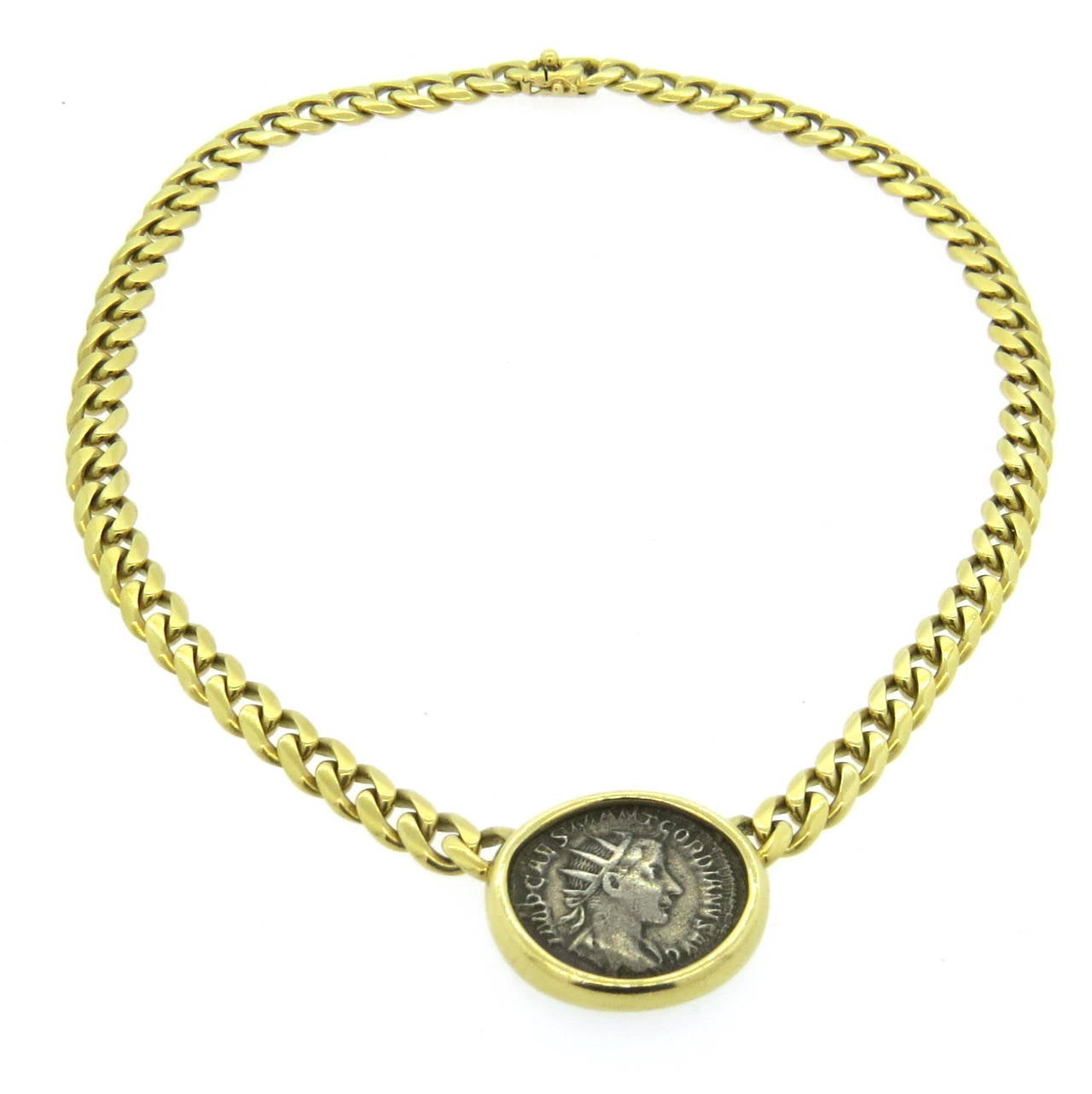 18k gold chain necklace by Bulgari, featuring ancient coin pendant, measuring 25mm x 22mm, necklace is 13 1/2