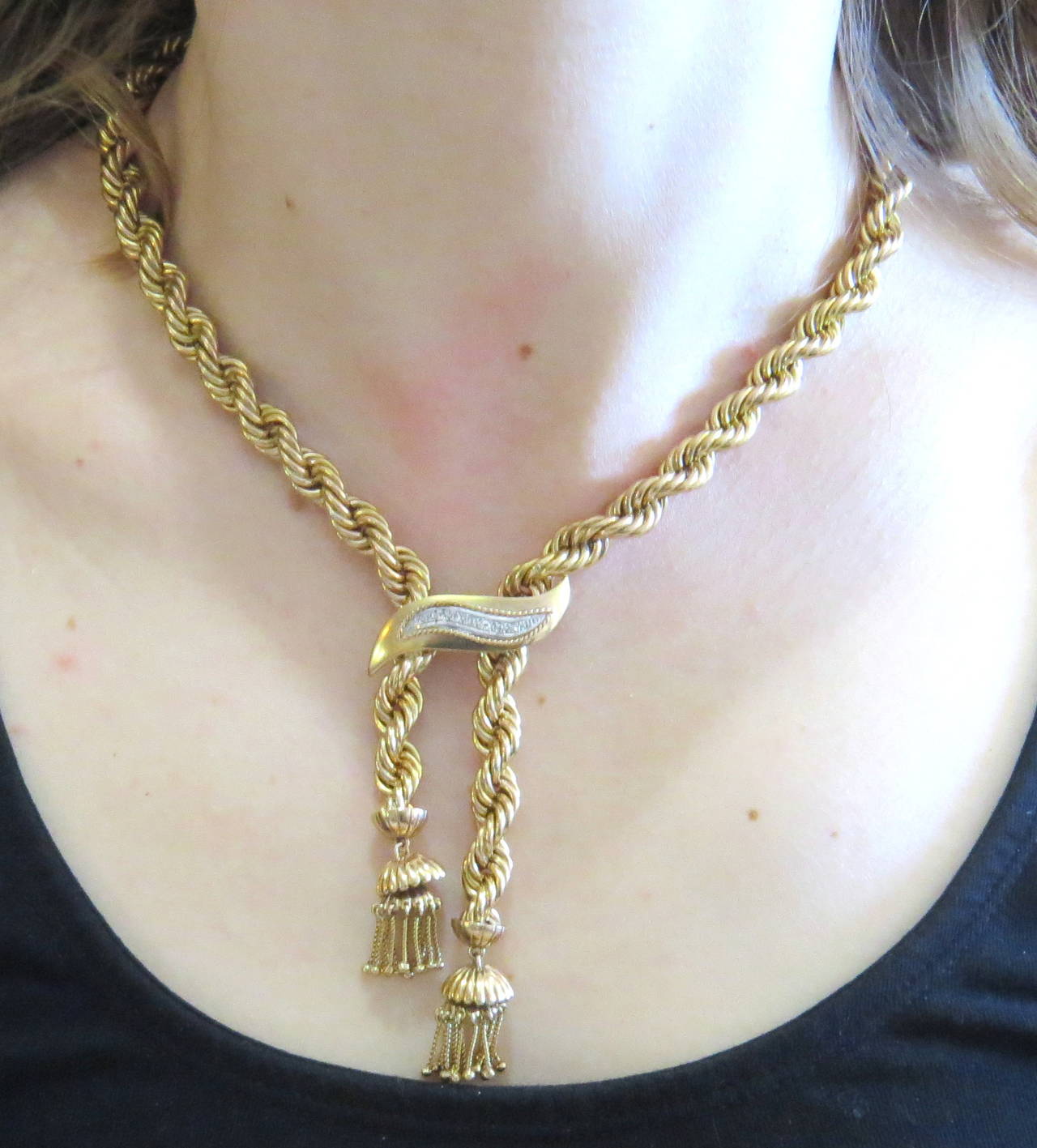 Retro Mid Century Diamond Gold Tassel Bolo Necklace