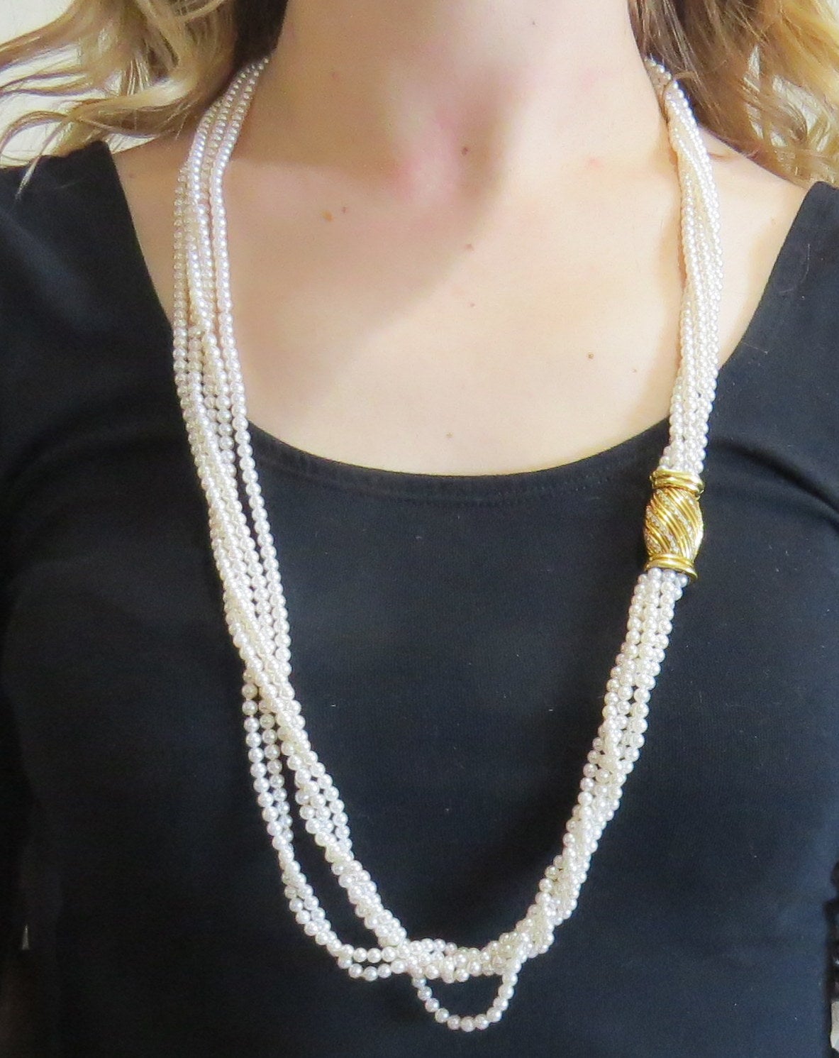 Long Multi Strand Pearl Necklace with Diamond Gold Clasp In Excellent Condition In Lambertville, NJ