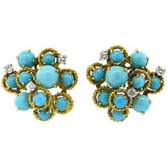 1970s Turquoise Diamond Gold Earrings 1970s Turquoise Diamond Gold Earrings