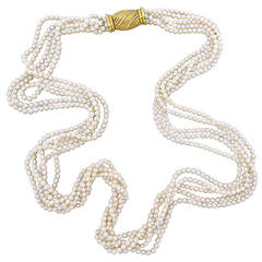 Long Multi Strand Pearl Necklace with Diamond Gold Clasp