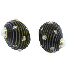 Century Shell Pearl Diamond Gold Earrings