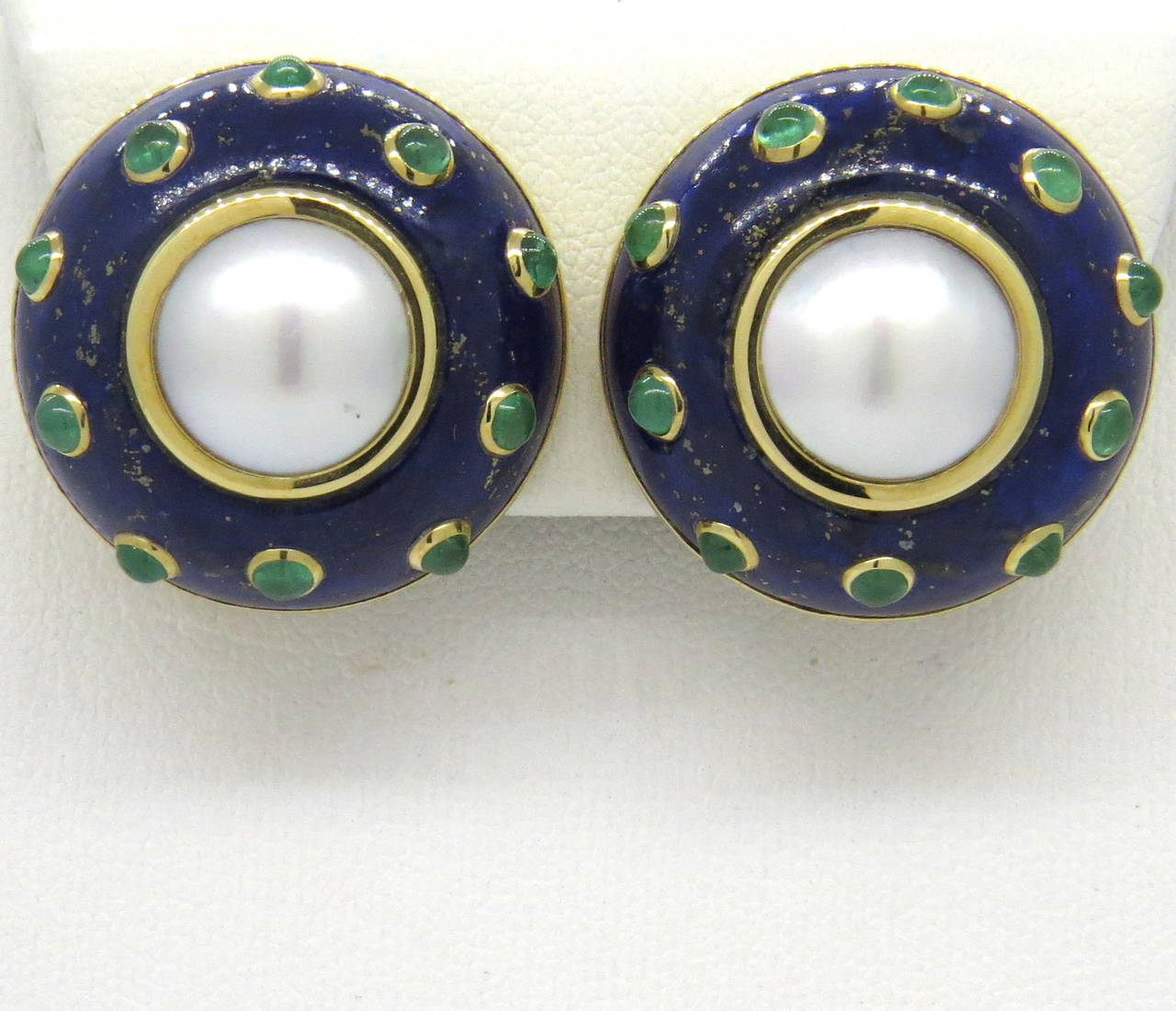 Trianon Lapis Pearl and Emerald Gold Earrings In Excellent Condition In Lambertville, NJ