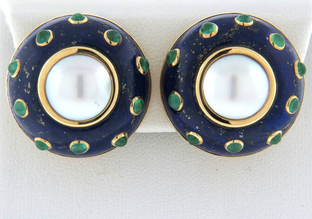14k gold Trianon earrings, featuring lapis lazuli top, set with emerald cabochons and pearls. Measure 23mm in diameter. Marked Trianon 14k. weight - 23.5gr