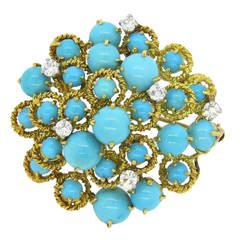 1970s Turquoise Diamond Gold Brooch