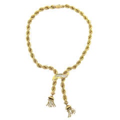 Vintage Mid Century Diamond Gold Tassel Bolo Necklace