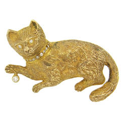 Vintage Diamond Gold Cat Brooch