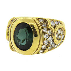 1980s Marina B Onda Green Tourmaline Diamond Gold Ring