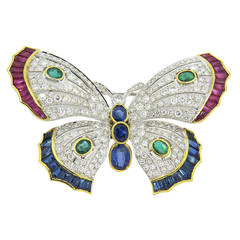 Diamond Emerald Sapphire Ruby Gold Butterfly Brooch