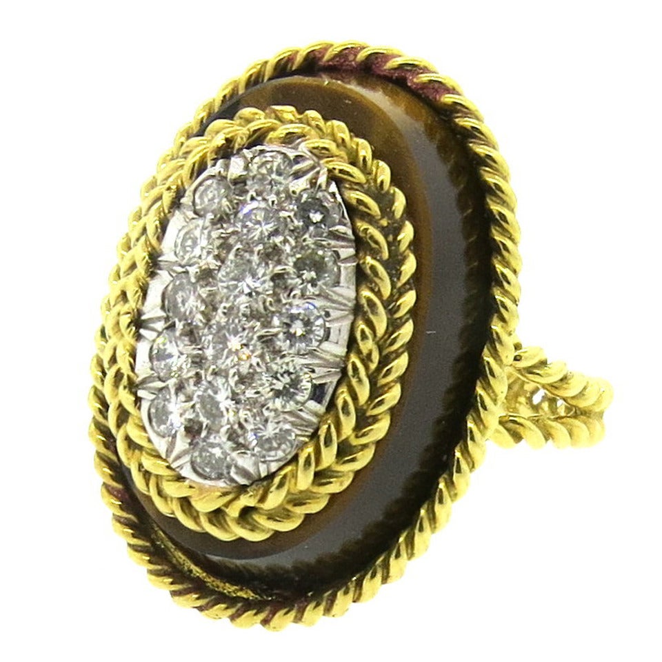 1970s Tiger's Eye Diamond Gold Ring