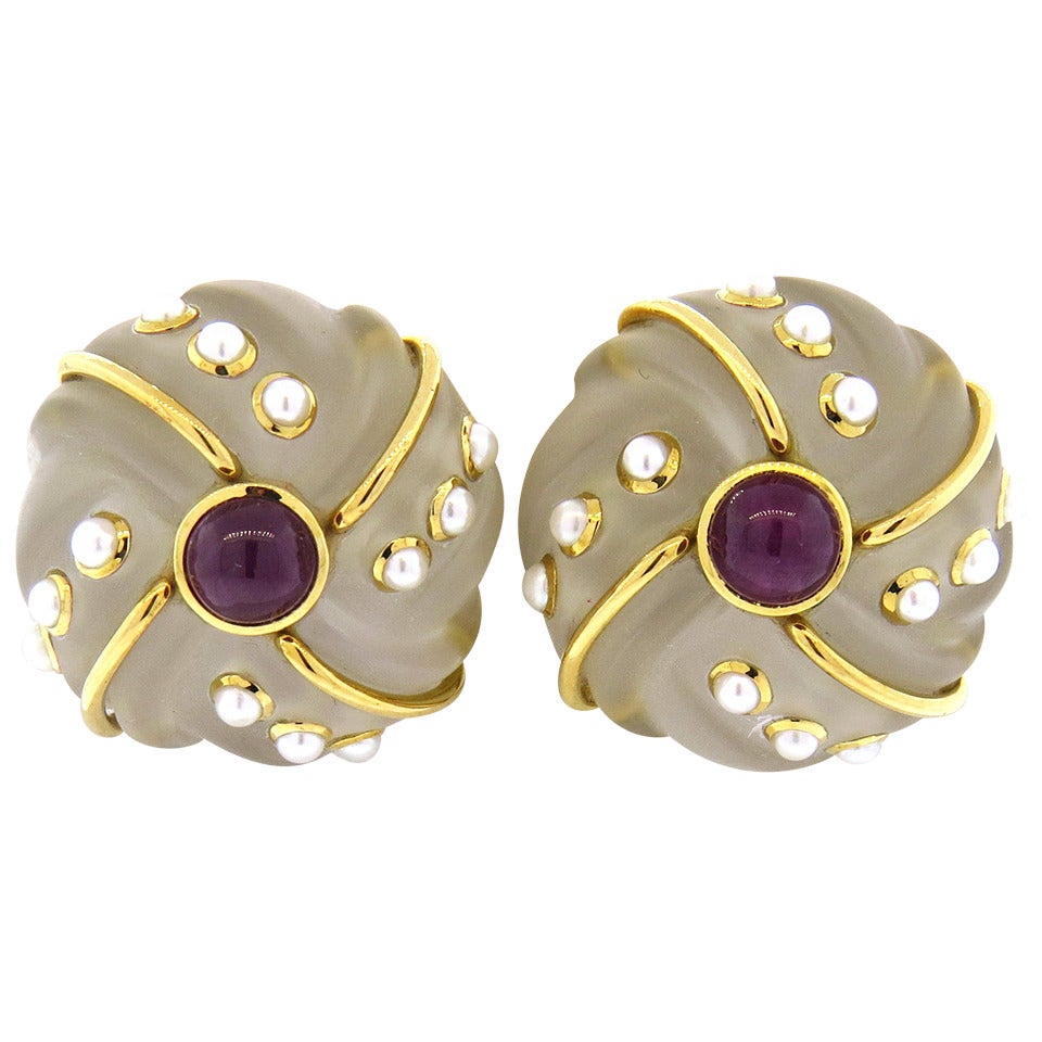 Seaman Schepps Carved Frosted Crystal Ruby Pearl Gold Earrings