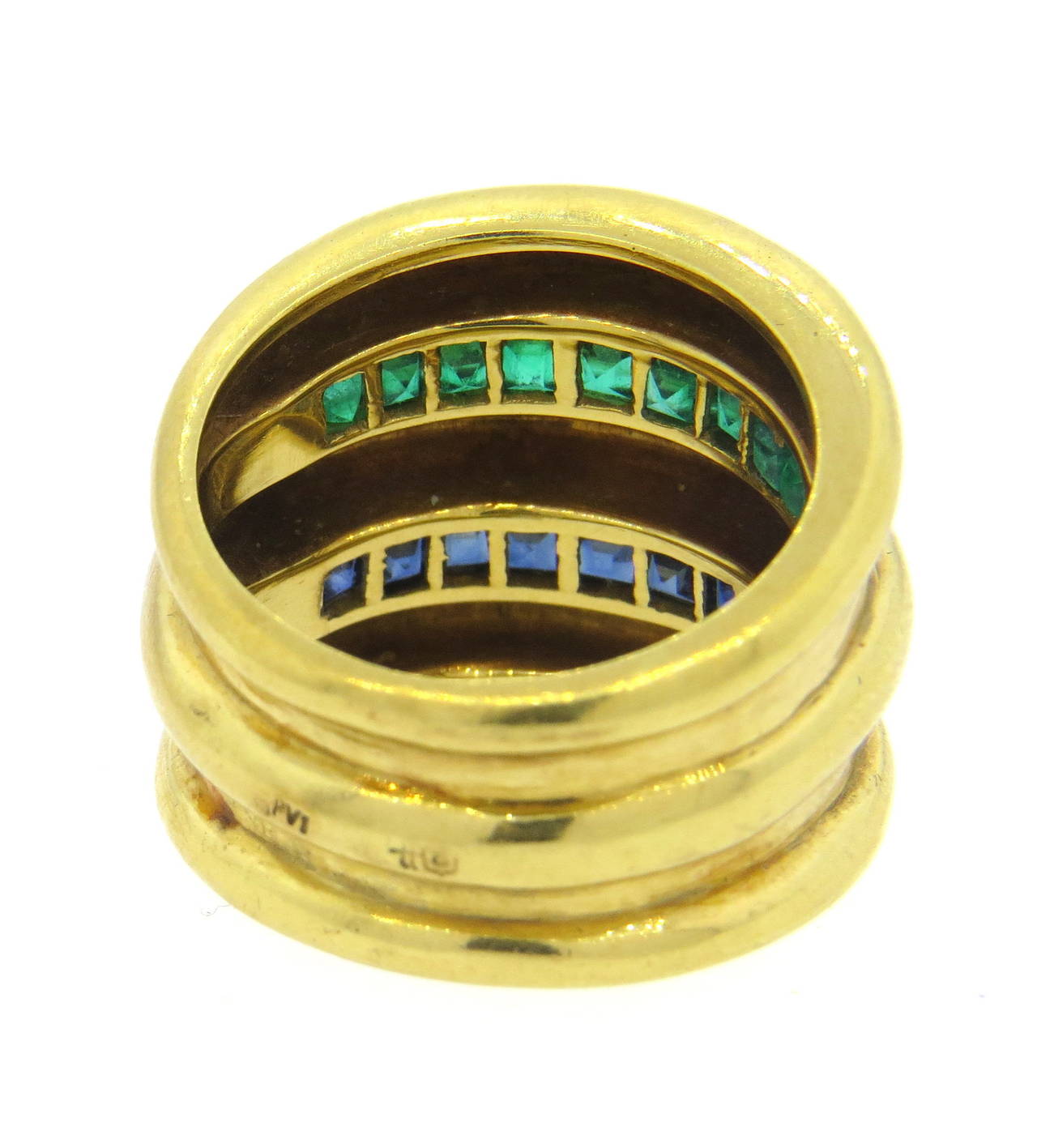 Sapphire and Emerald Gold Wide Ring