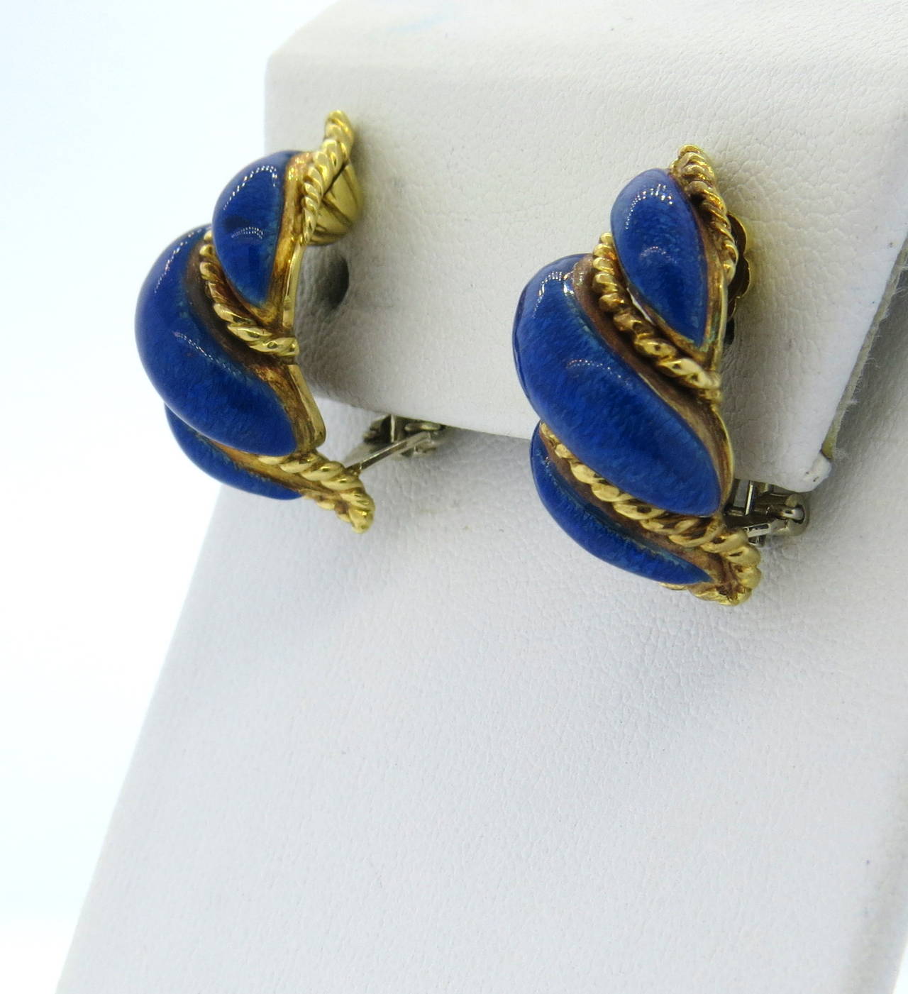 1960s Tiffany & Co 18k gold earrings, decorated with blue enamel. Earrings measure 23mm x 12mm. Marked Tiffany & Co. weight - 20.4 grams