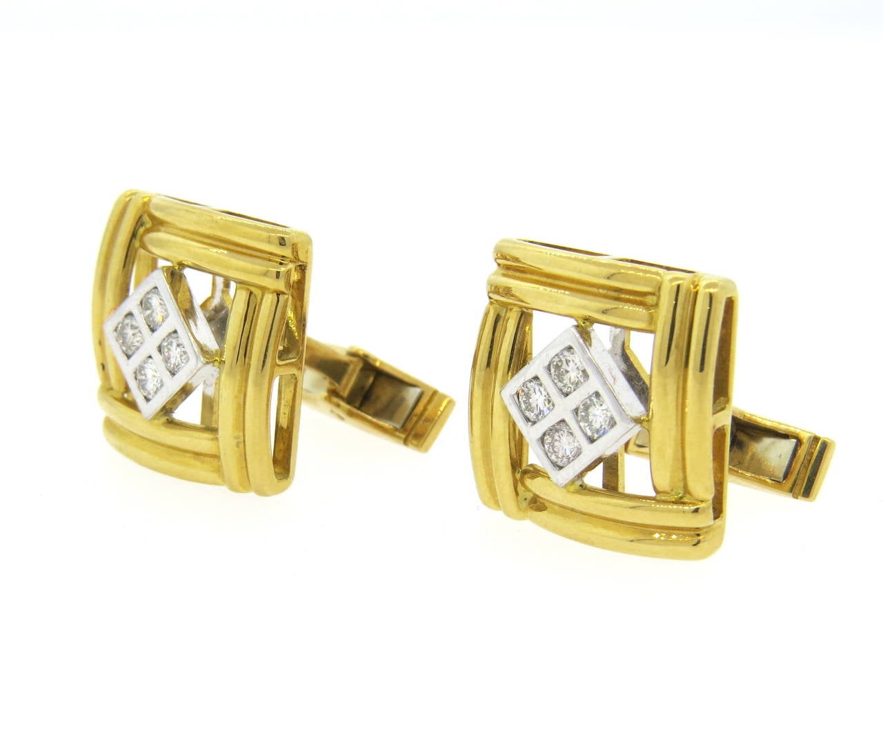 18k gold cufflinks, set with approximately 0.40ctw in H/VS diamonds. Cufflink top is 17mm x 16mm. Weight - 14.6 grams